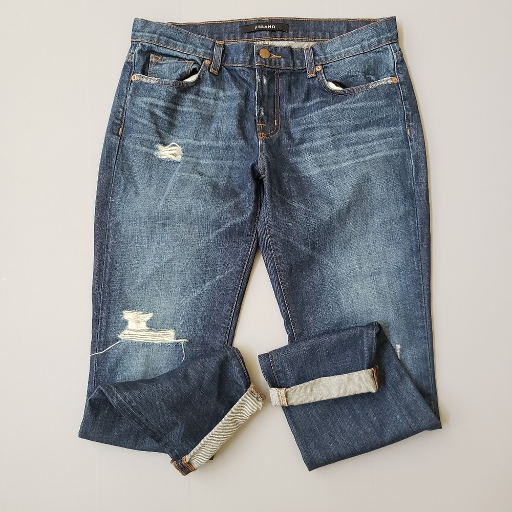 J Brand Blue Boyfriend Jeans with Distressed Details